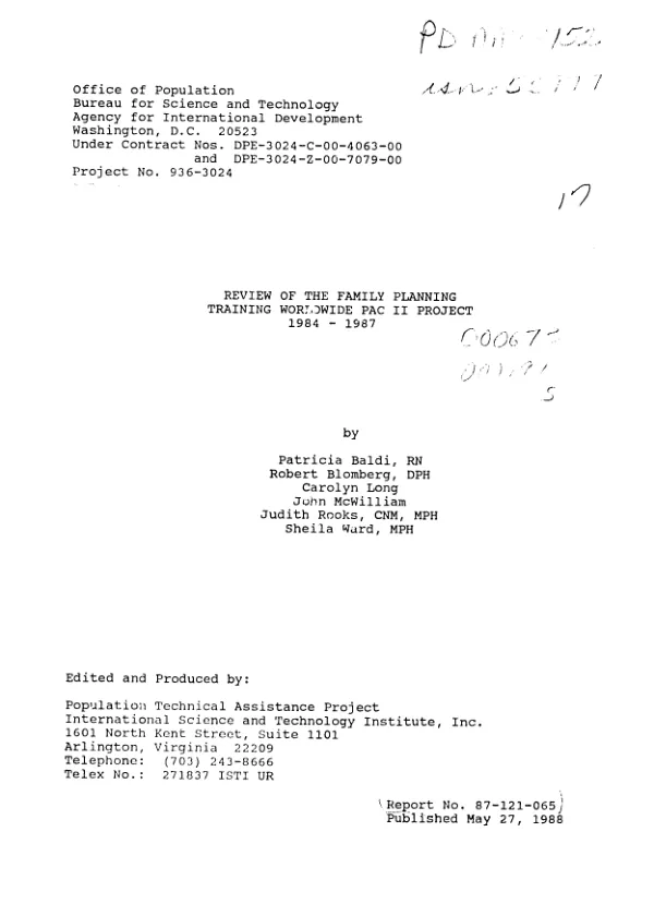 Review of the family planning training worldwide PAC II project, 1984-1987
