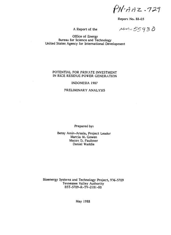 Potential for private investment in rice residue power generation, Indonesia 1987 : preliminary analysis
