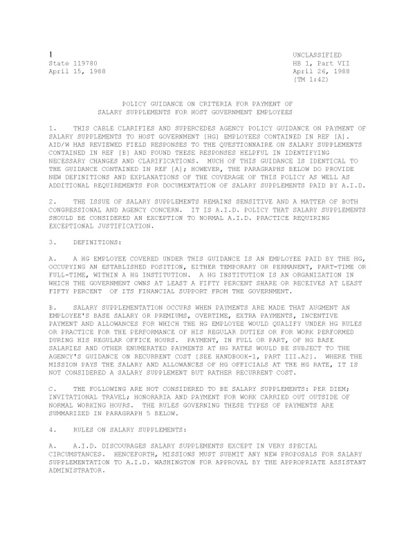 Policy guidance on criteria for payment of salary supplements for host government employees