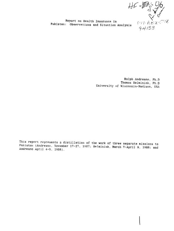 Report on health insurance in Pakistan : observations and situation analysis