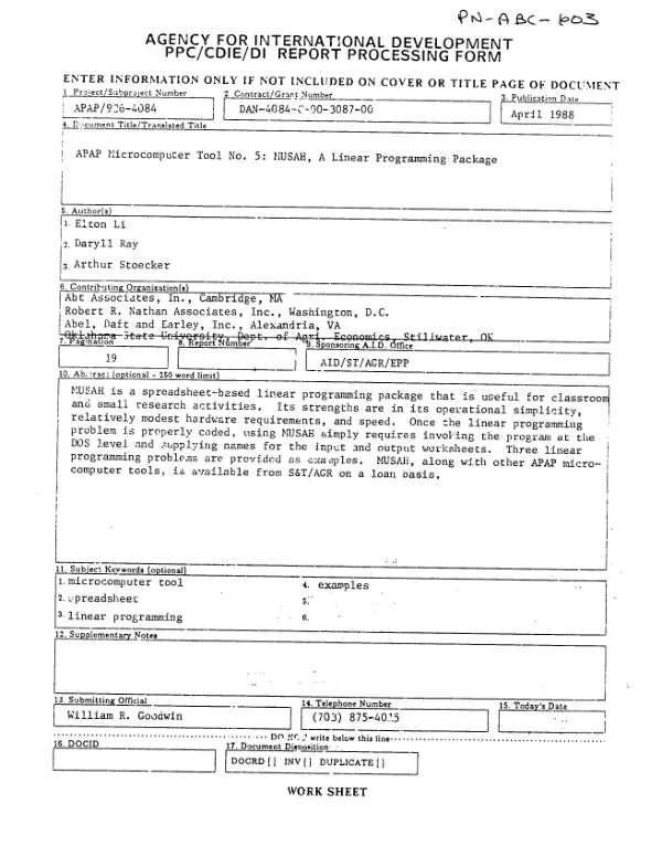 MUSAH, a linear programming package : user"s manual