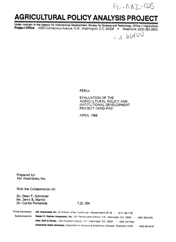 Peru : evaluation of the agricultural policy and institutional development project (APID-PAI)