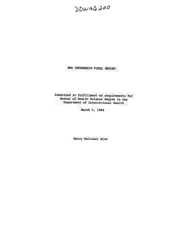 MHS internship final report : submitted in fulfillment of requirements for Master of Health Science degree in the Department of International Health