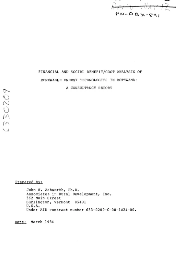 Financial and social benefit/cost analysis of renewable energy technologies in Botswana : a consultancy report