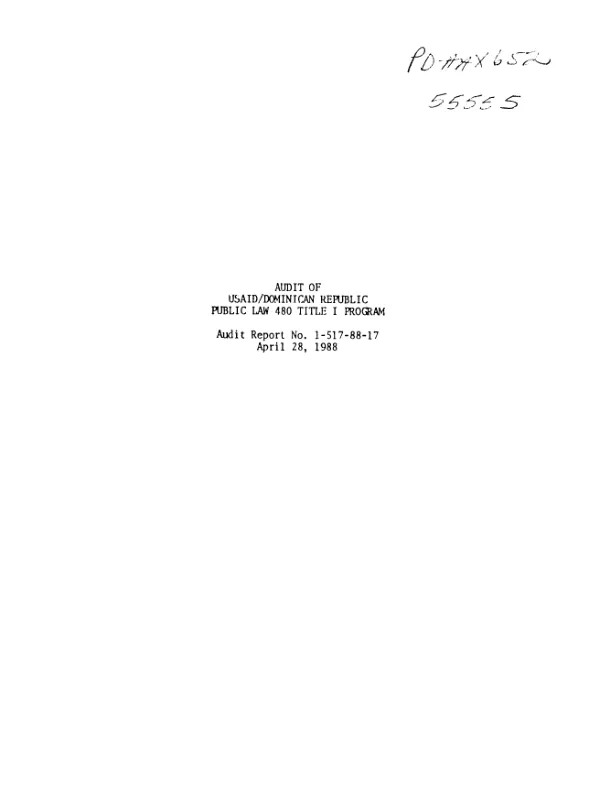 Audit of USAID/Dominican Republic Public Law 480 Title I program