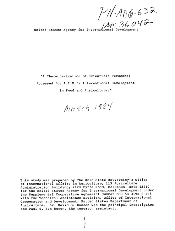 Characterization of scientific personnel accessed for AID"s international development in food and agriculture
