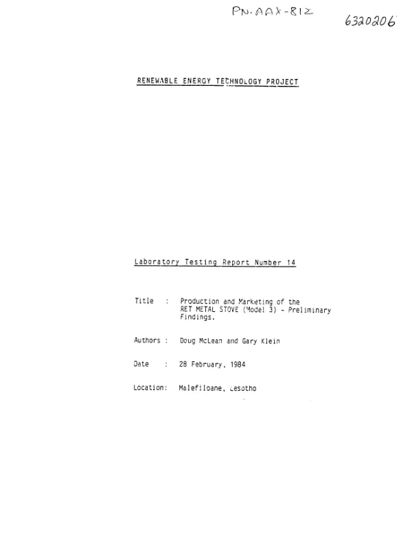 Production and marketing of the RET metal stove (model 3) - preliminary findings