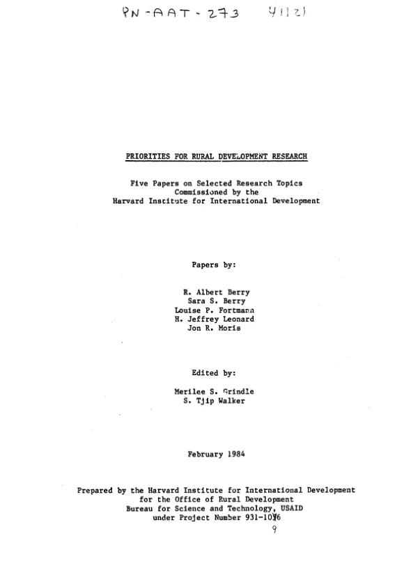 Priorities for rural development research : five papers on selected research topics commissioned by the Harvard Institute for International Development
