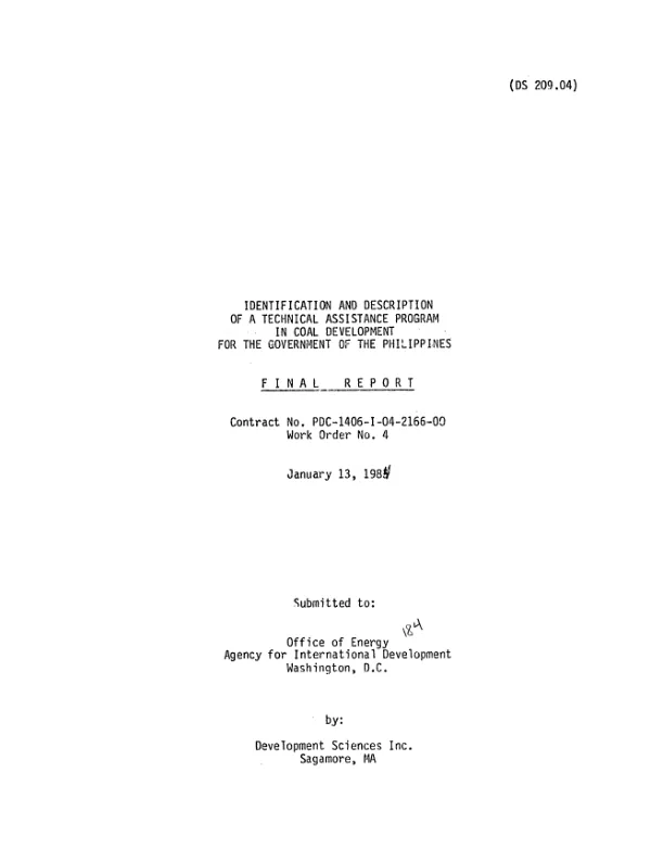 Identification and description of a technical assistance program in coal development for the government of the Philippines : final report