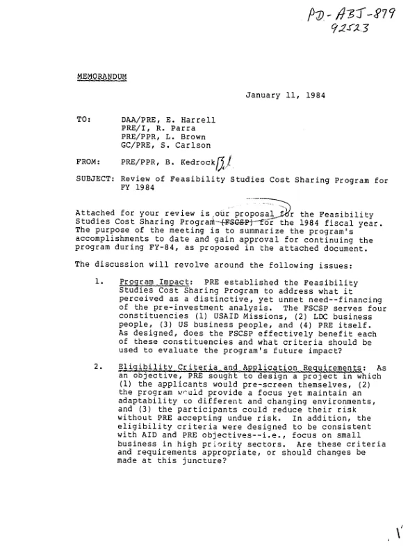Review of feasibility studies cost sharing program for FY 1984