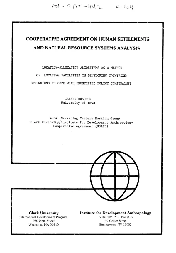 Location - allocation algorithms as a method of locating facilities in developing countries : extensions to cope with identified policy constraints