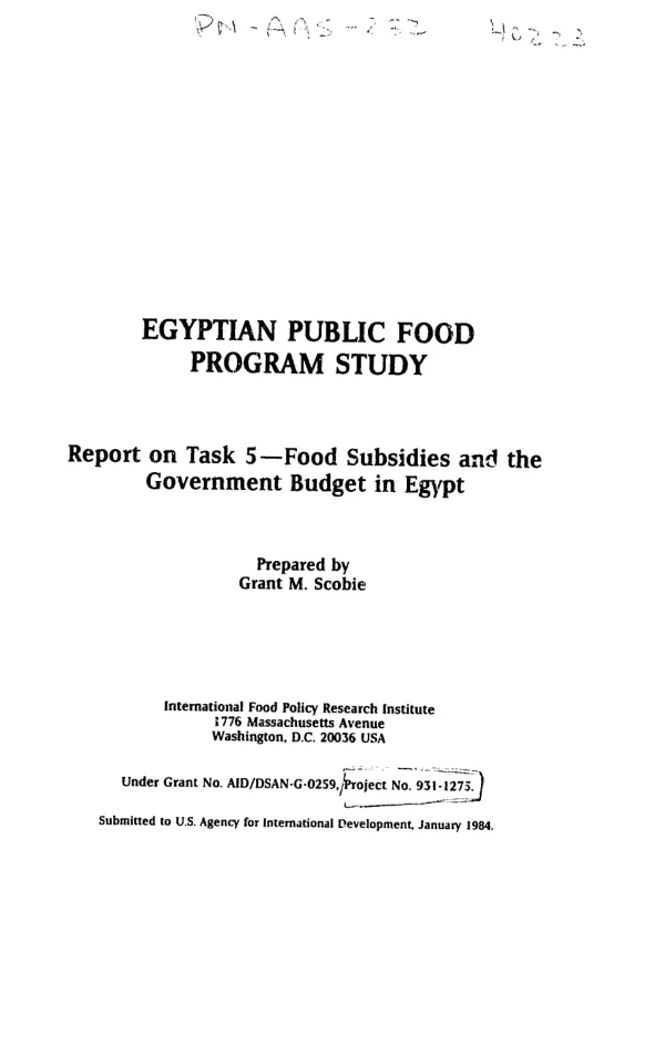 Egyptian public food program study : report on task 5, food subsidies and the government budget in Egypt