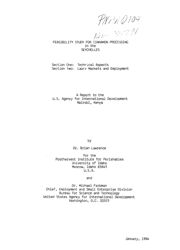 Feasibility study for cinnamon processing in the Seychelles : section one, technical aspects; section two, labor markets and employment