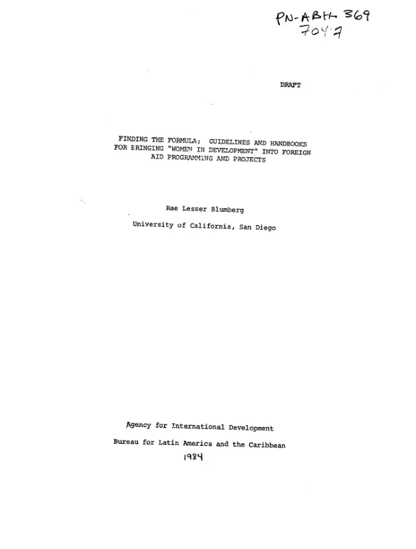 Finding the formula : guidelines and handbooks for bringing `women in development" into foreign aid programming and projects