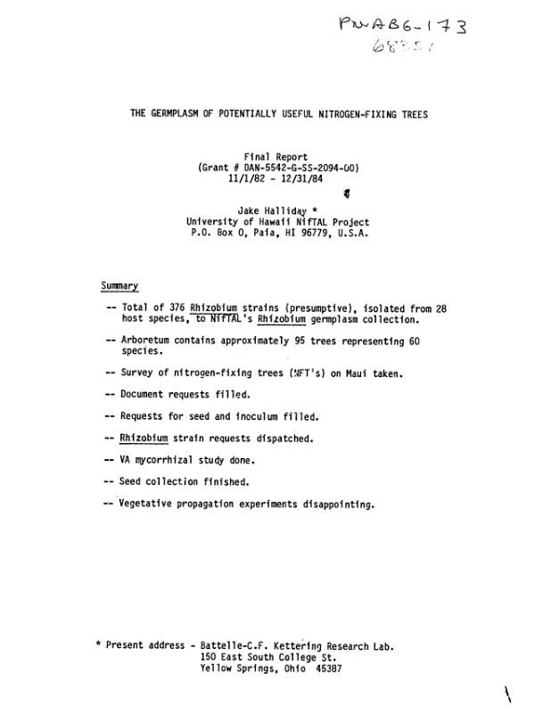Germplasm of potentially useful nitrogen - fixing trees : final report