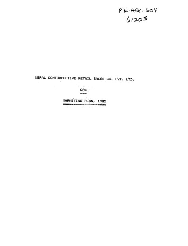 Nepal Contraceptive Retail Sales Co. Pvt. Ltd., CRS : marketing plan, 1985
