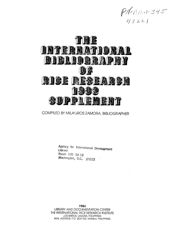 International bibliography of rice research, 1983 supplement