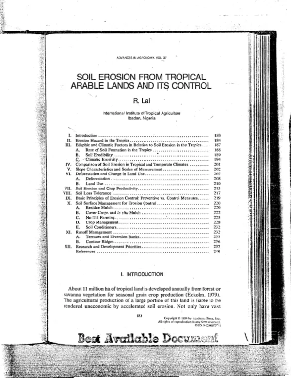 Soil erosion from tropical arable lands and its control