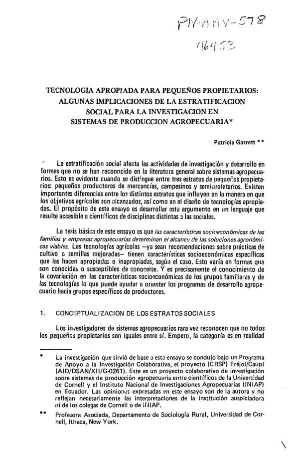 Tecnologia apropiada para pequenos propietarios : algunas implicaciones de la estratificacion social para la investigacion en sistemas de produccion agropecuaria
