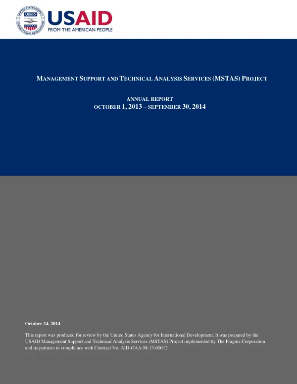 Management Support and Technical Analysis Services Project, Annual Report, Year 1