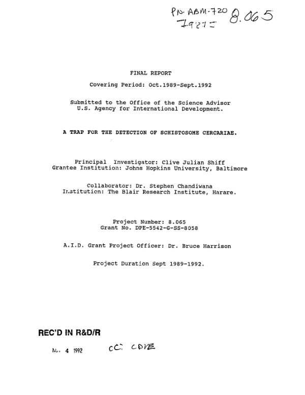 Final report covering period Oct. 1989-Sep 1992 : a trap for the detection of Schistosome cercariae