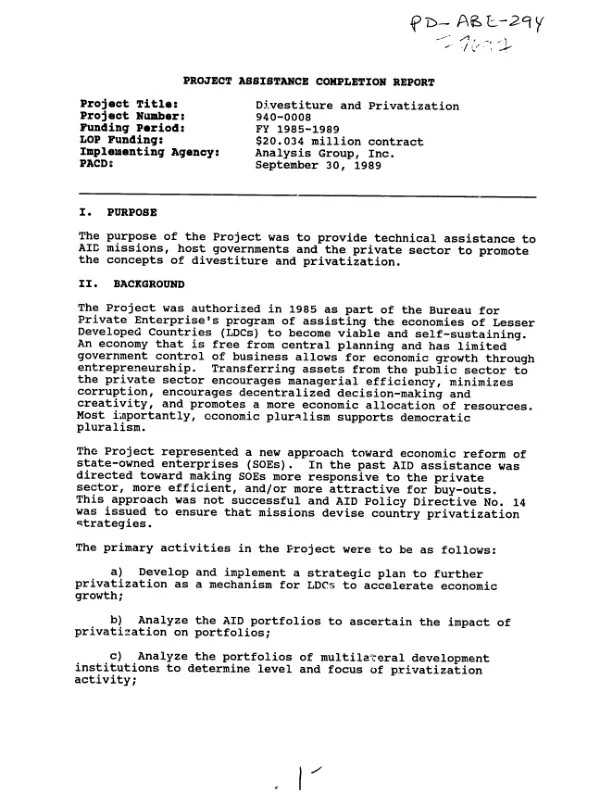 Project assistance completion report : divestiture and privatization