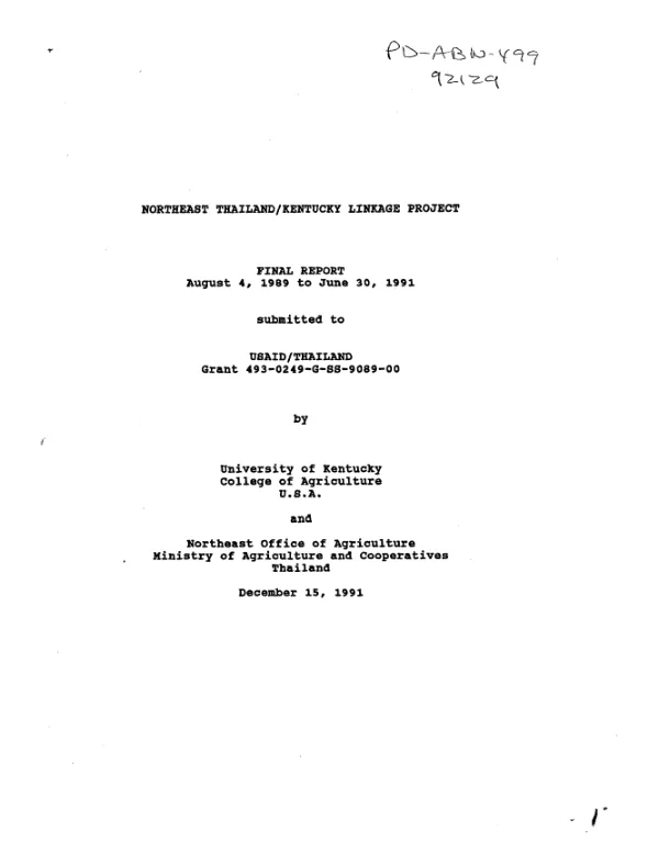 Northeast Thailand/Kentucky linkage project : final report, August 4, 1989 to June 30, 1991