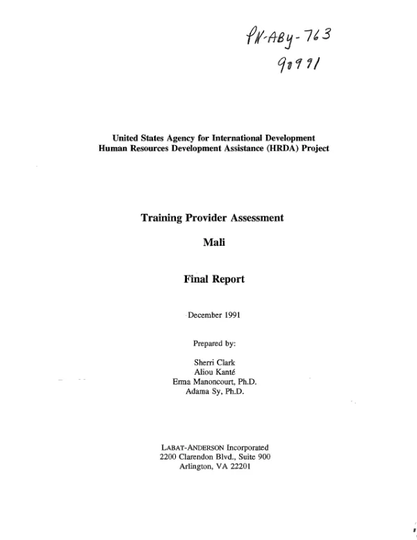 Training provider assessment : Mali -- final report