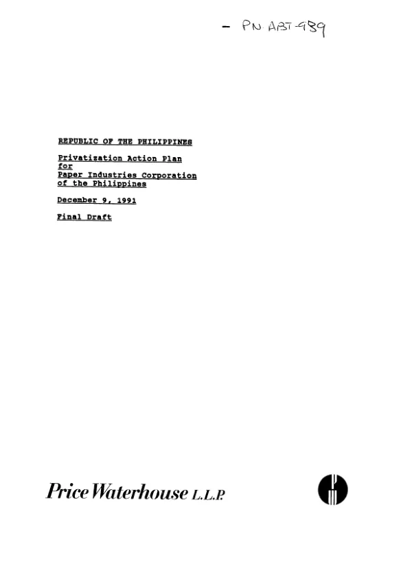Republic of the Philippines : privatization action plan for Paper Industries Corporation of the Philippines -- final draft