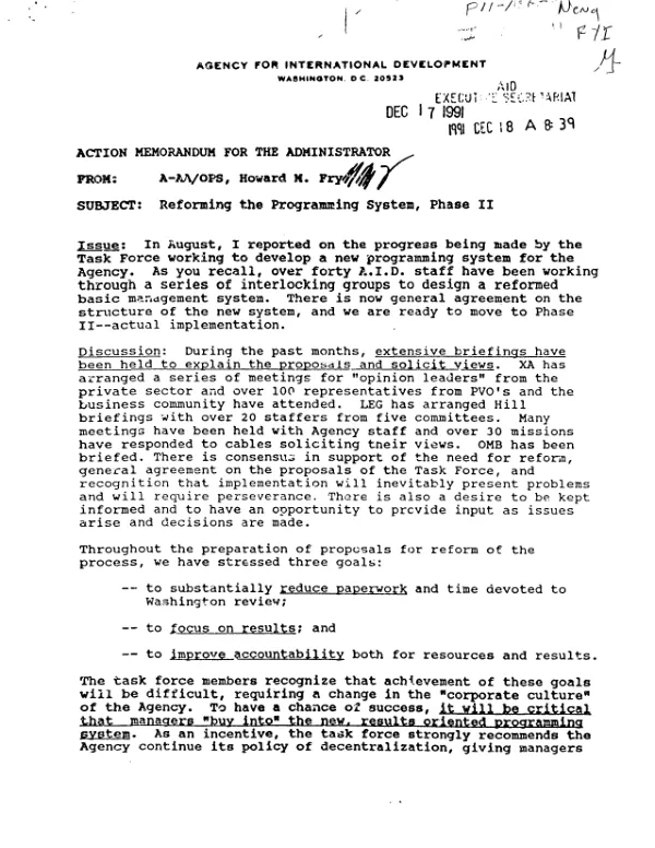 Reforming the programming system, phase II : action memorandum for the Administrator
