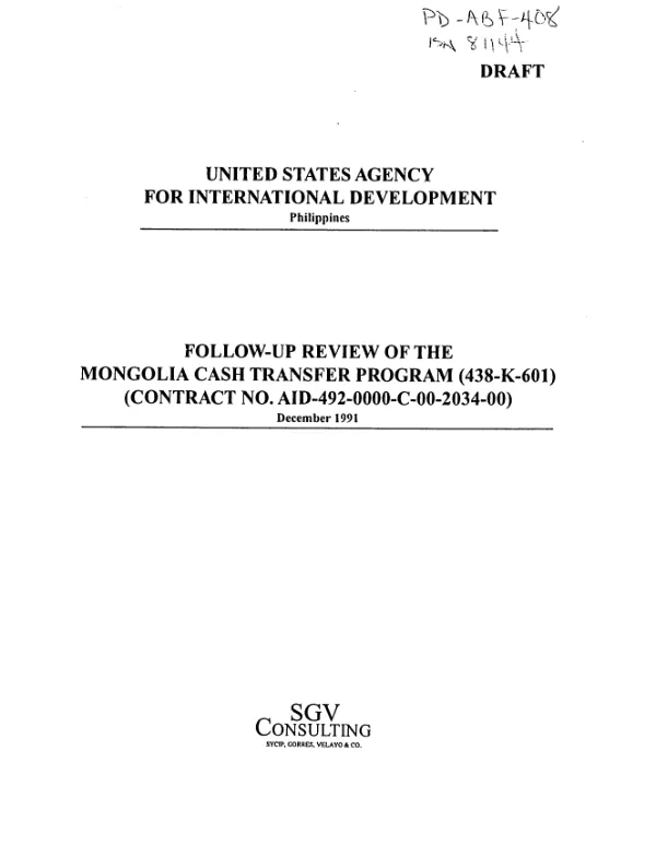 Follow-up review of the Mongolia cash transfer program (438-K-601) (contract no. AID-492-0000-C-00-2034-00)