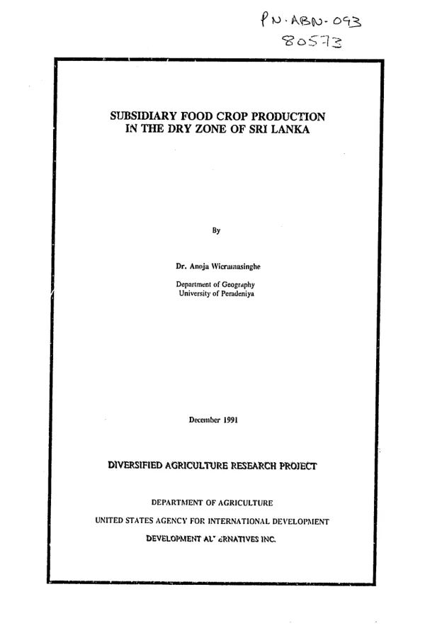 Subsidiary food crop production in the dry zone of Sri Lanka