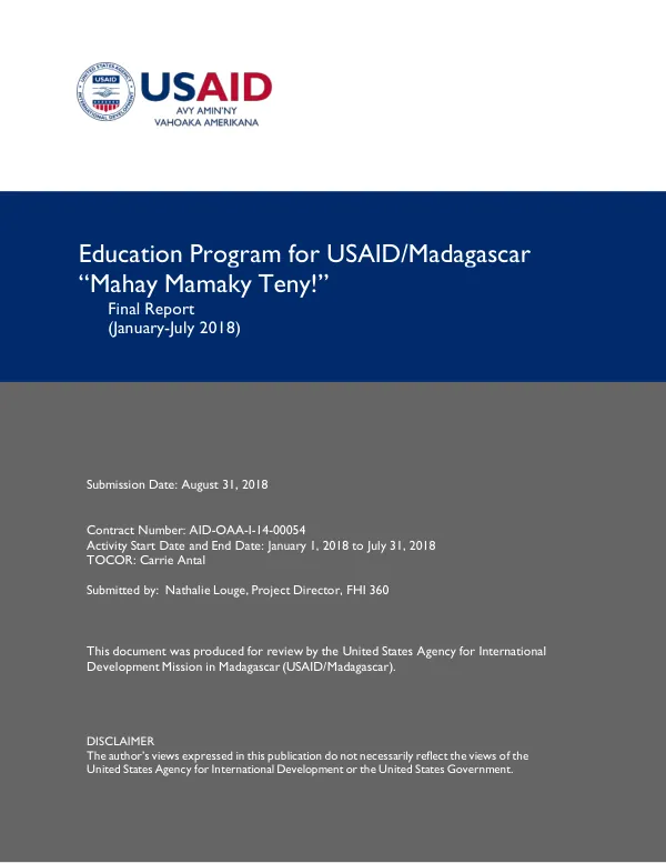 Education program for USAID/Madagascar "mahay mamaky teny!" : final report (January - July 2018)