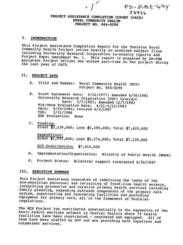 Project assistance completion report (PACR) : rural community health project no. 664-0296