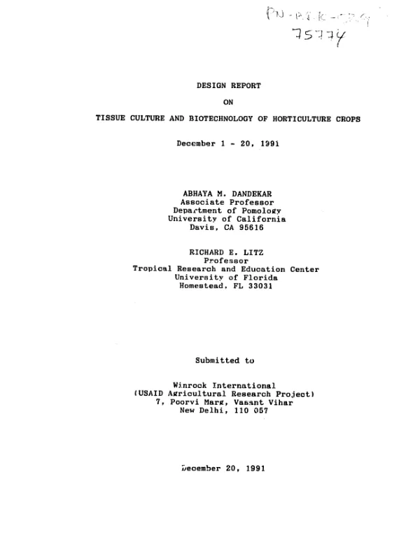 Design report on tissue culture and biotechnology of horticulture crops