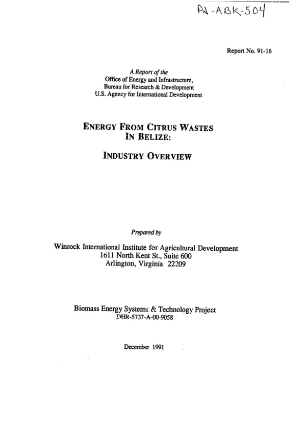 Energy from citrus wastes in Belize : industry overview