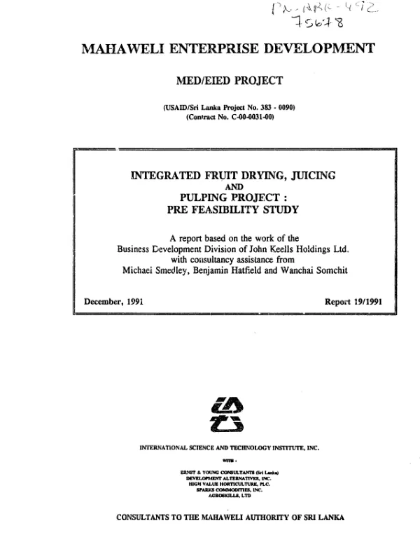 Integrated fruit drying, juicing and pulping project : pre-feasibility study