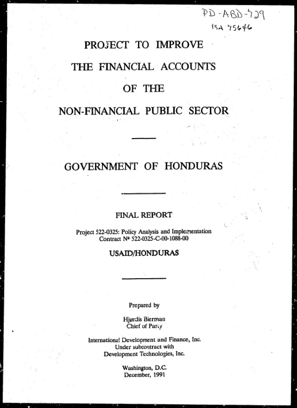 Project to improve the financial accounts of the non-financial public sector -- Government of Honduras : final report