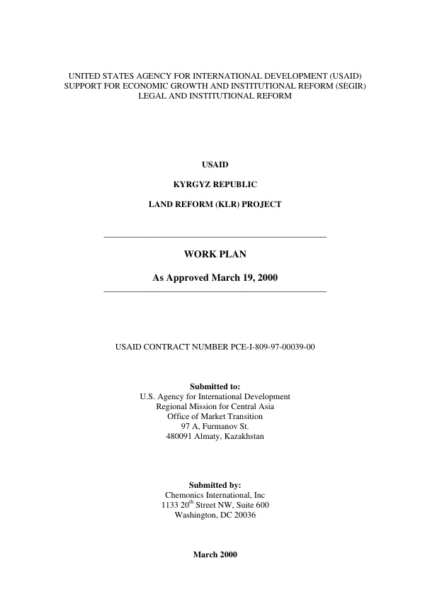 USAID-Kyrgyz Republic land reform (KLR) project : work plan as approved March 19, 2000