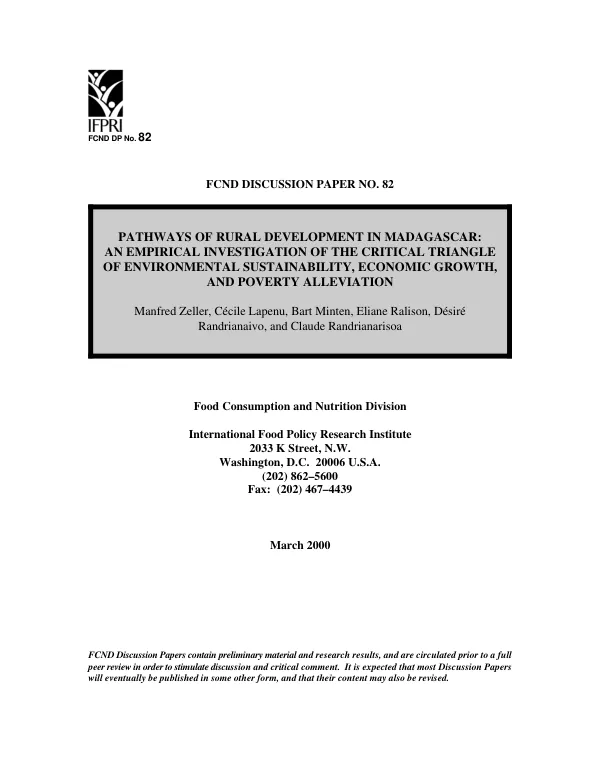 Pathways of rural development in Madagascar : an empirical investigation of the critical triangle of environmental sustainability, economic growth, and poverty alleviation