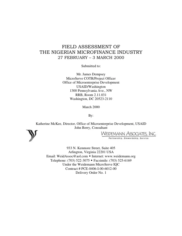 Field assessment of the Nigerian microfinance industry : 27 February-3 March 2000