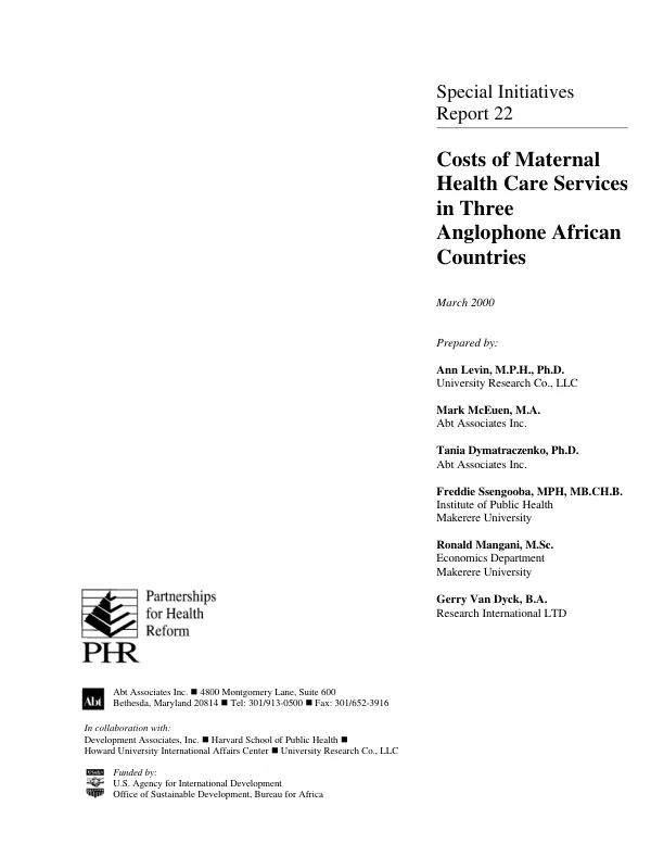 Costs of maternal health care services in three anglophone African countries