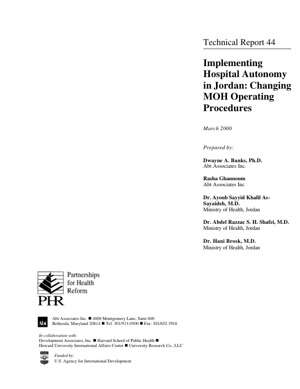 Implementing hospital autonomy in Jordan : changing MOH [Ministry of Health] operating procedures