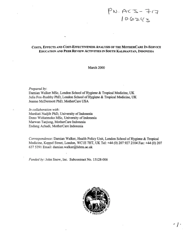 Costs, effects and cost-effectiveness analysis of the MotherCare in-service education and peer review activities in South Kalimantan, Indonesia
