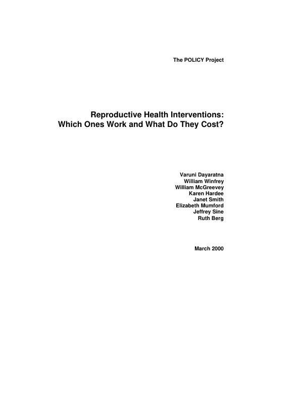 Reproductive health interventions : which ones work and what do they cost?