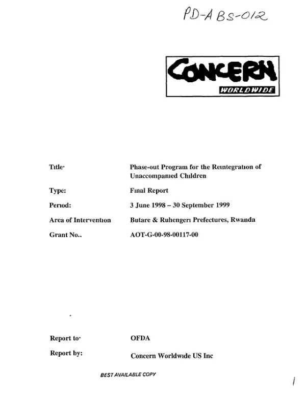 Phase-out program for the reintegration of unaccompanied children : final report -- Butare & Ruhengeri Prefectures, Rwanda