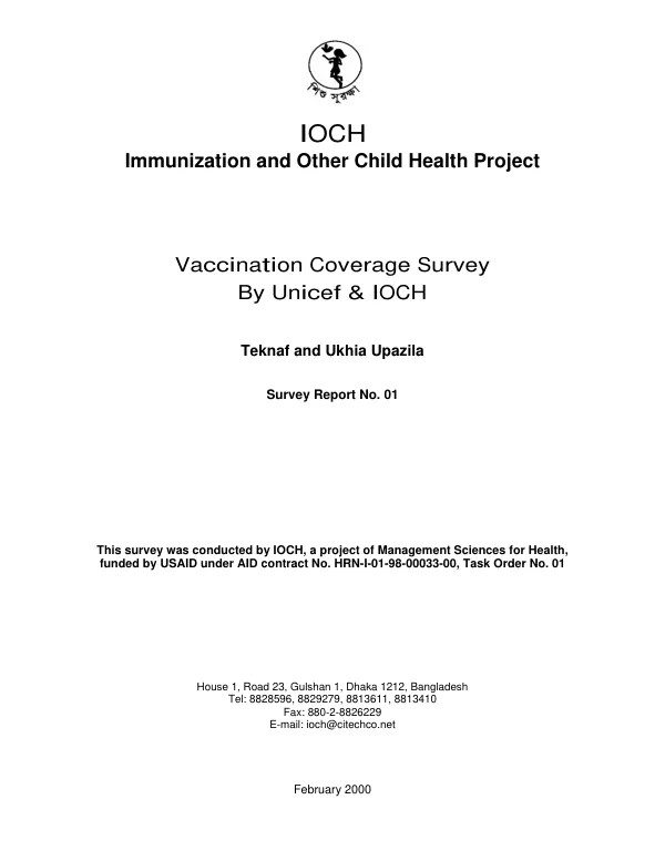 Vaccination coverage survey by UNICEF & IOCH : Teknaf and Ukhia Upazila
