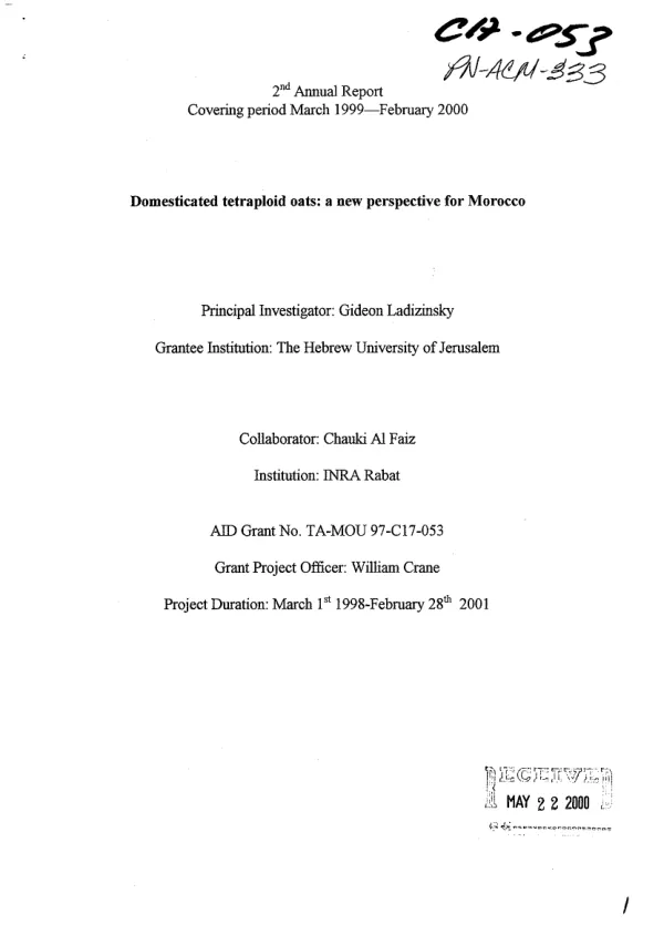 2nd annual report covering period March 1999-February 2000 : domesticated tetraploid oats -- a new perspective for Morocco