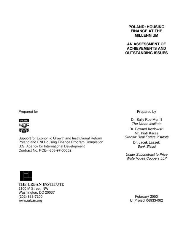 Poland : housing finance at the millennium -- an assessment of achievements and outstanding issues