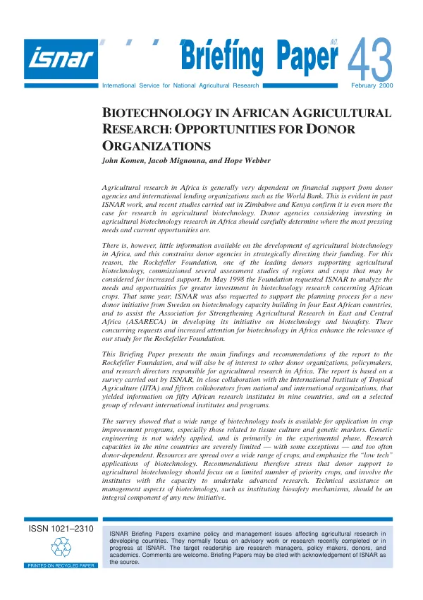 Biotechnology in African agricultural research : opportunities for donor organizations